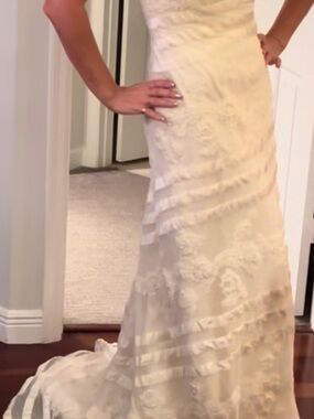 Priscilla of Boston Ivory Satin & Crystal Lace Banded Wedding Dress, Size 10